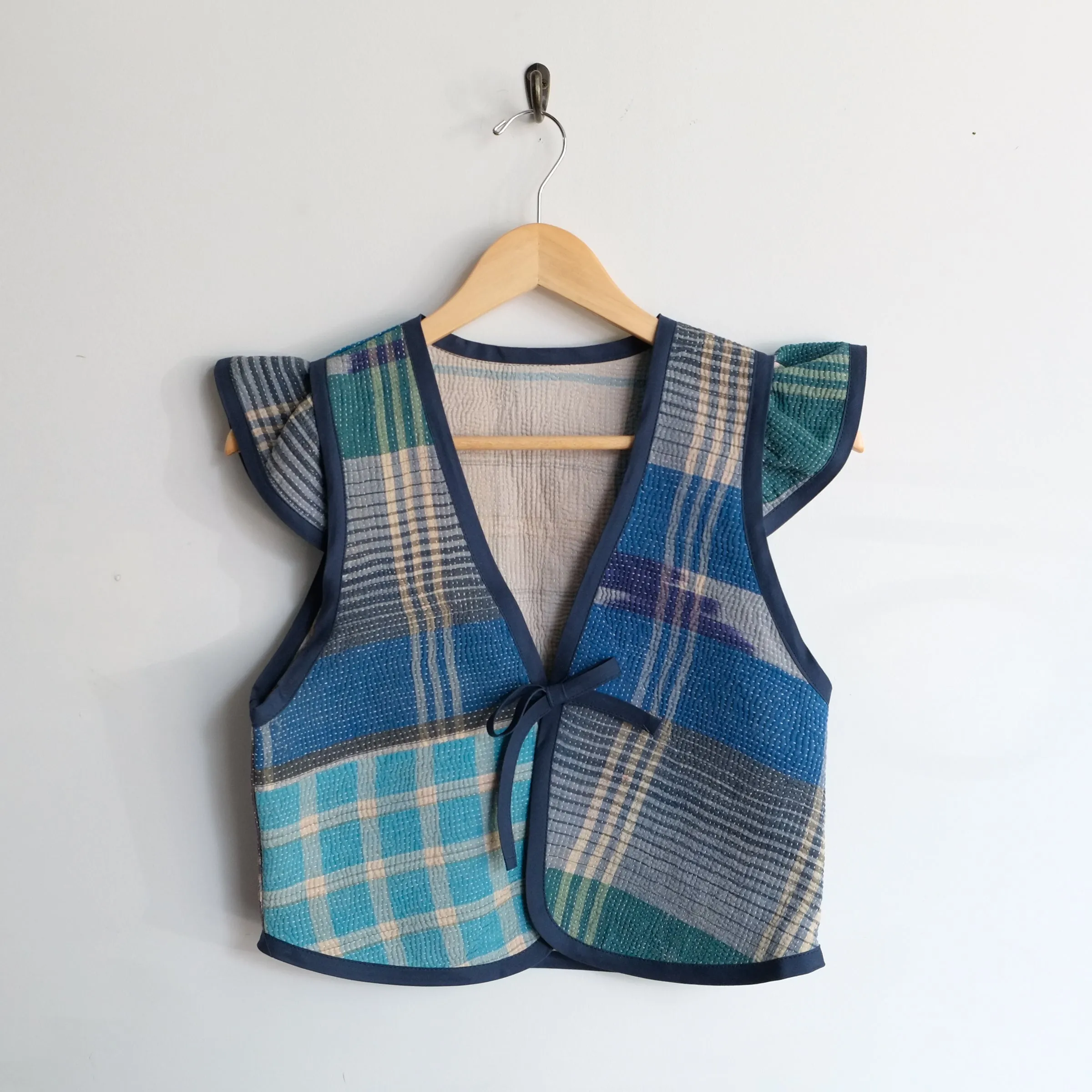 Amelia Flutter Sleeve Vest Blue Plaid XXS071
