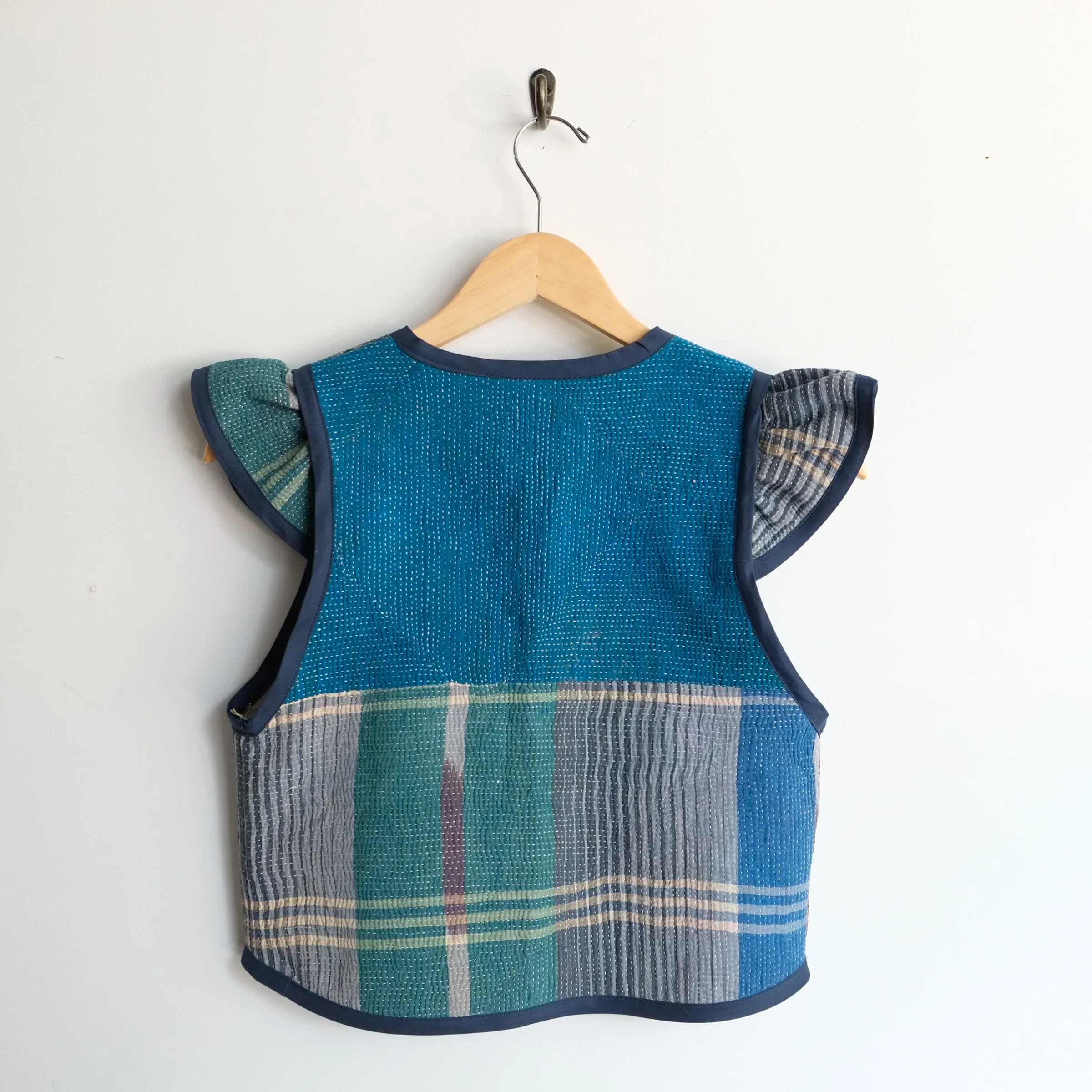 Amelia Flutter Sleeve Vest Blue Plaid XXS071
