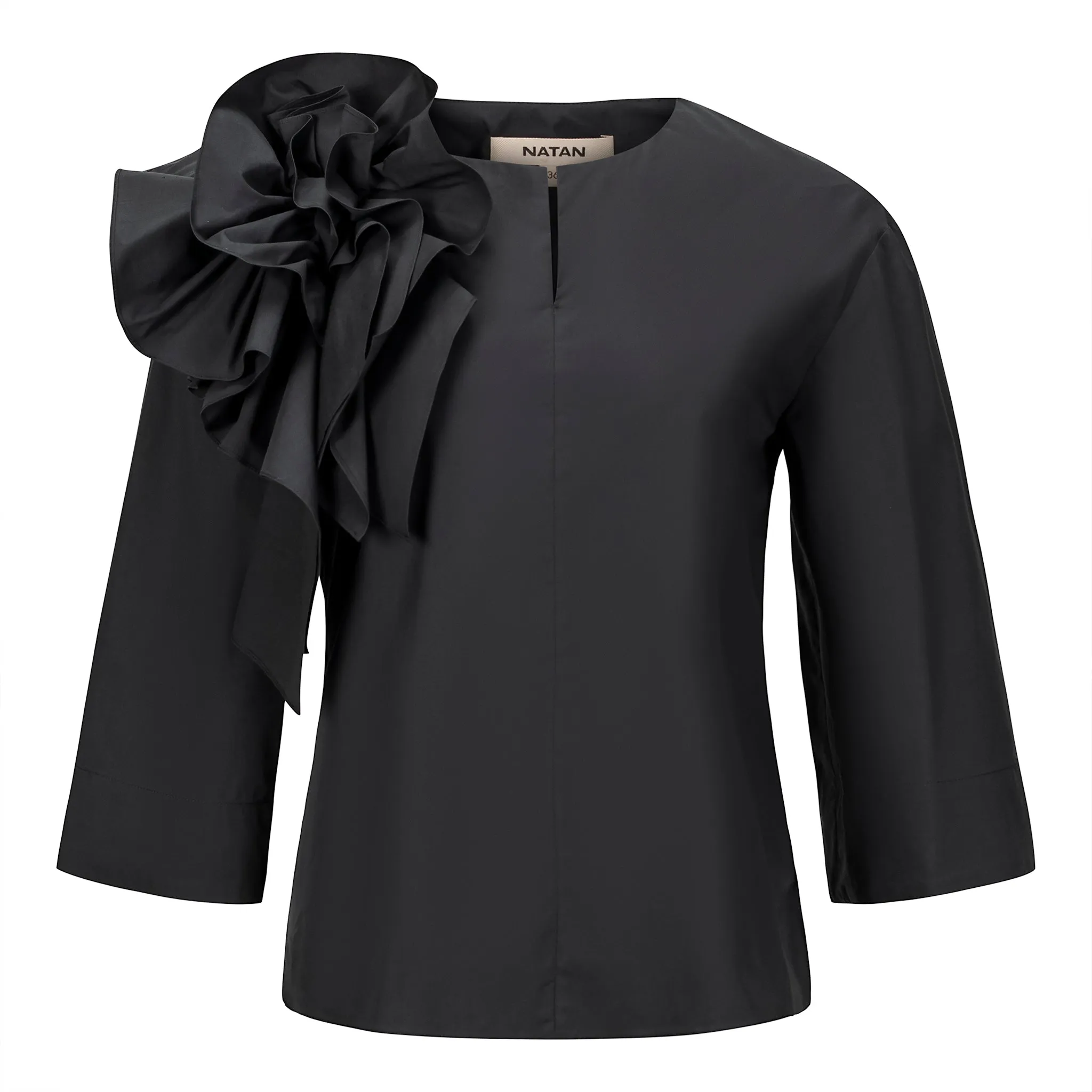 Ange Floral Shoulder Ruffle Cotton Blouse - Black