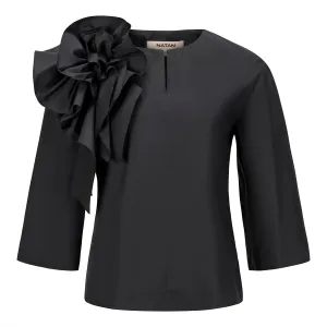 Ange Floral Shoulder Ruffle Cotton Blouse - Black