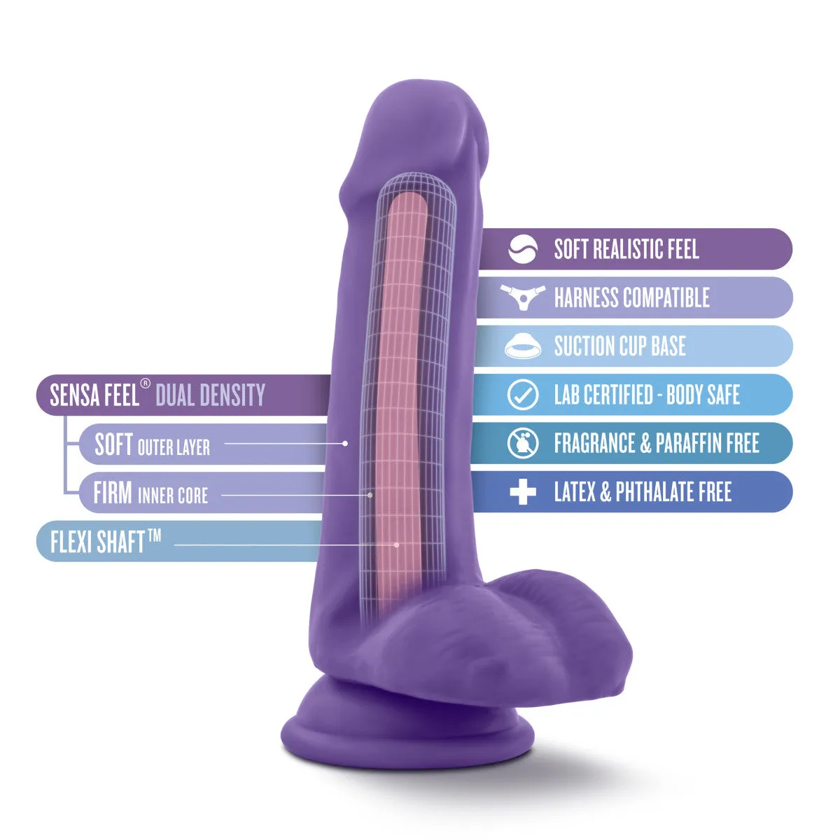 Au Naturel Bold By Blush® | Delight Realistic Purple 6.5-Inch Long Dildo With Balls & Suction Cup Base