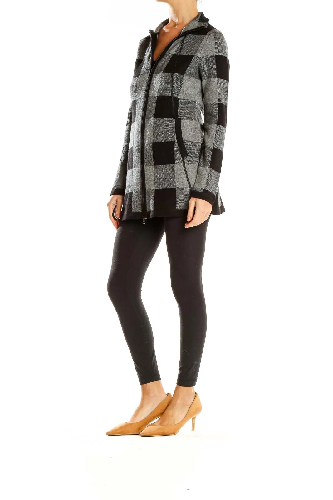 Black Gray Knit Checker Zip Up Jacket