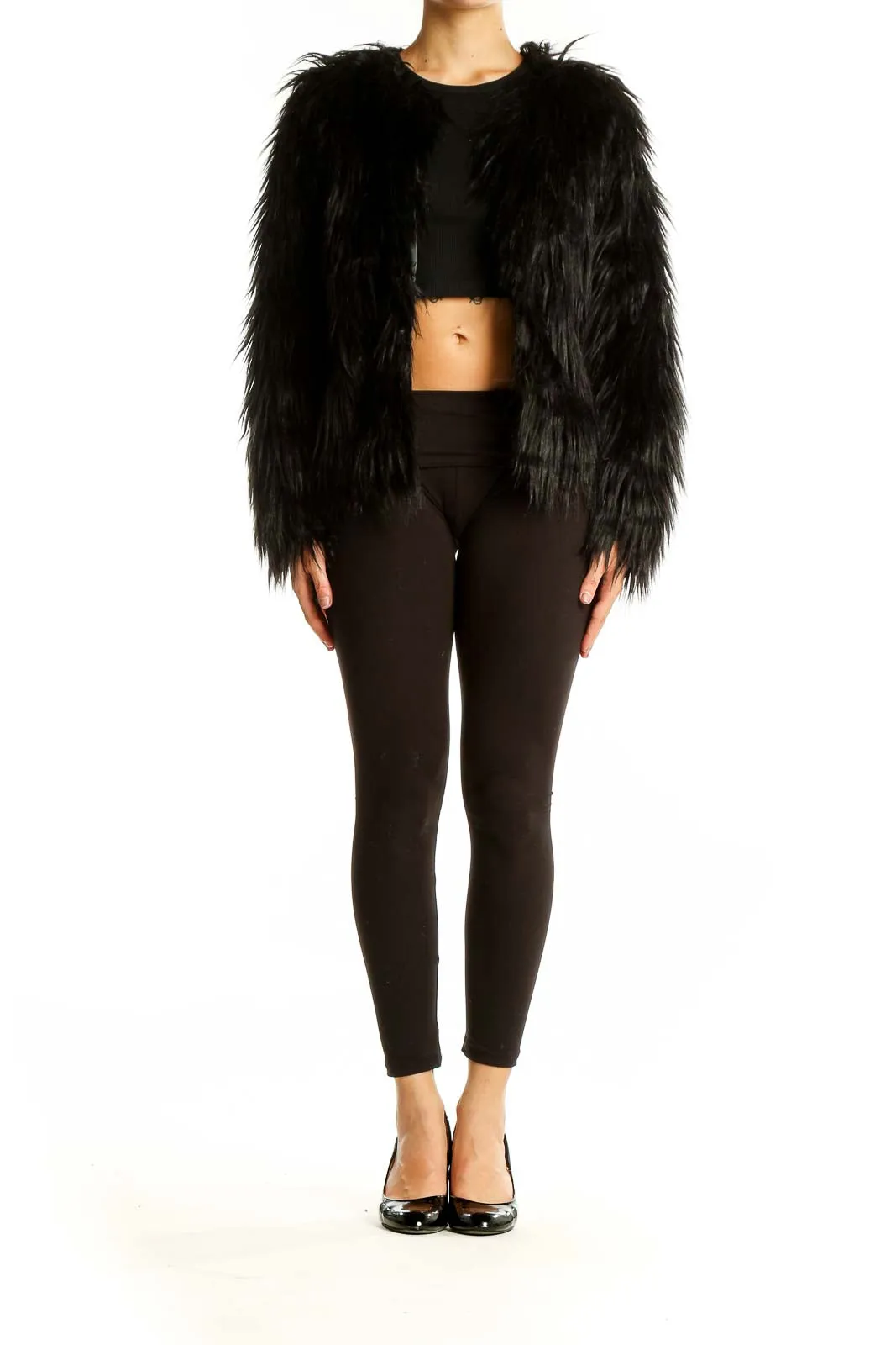 Black Shaggy Faux Fur Cropped Jacket