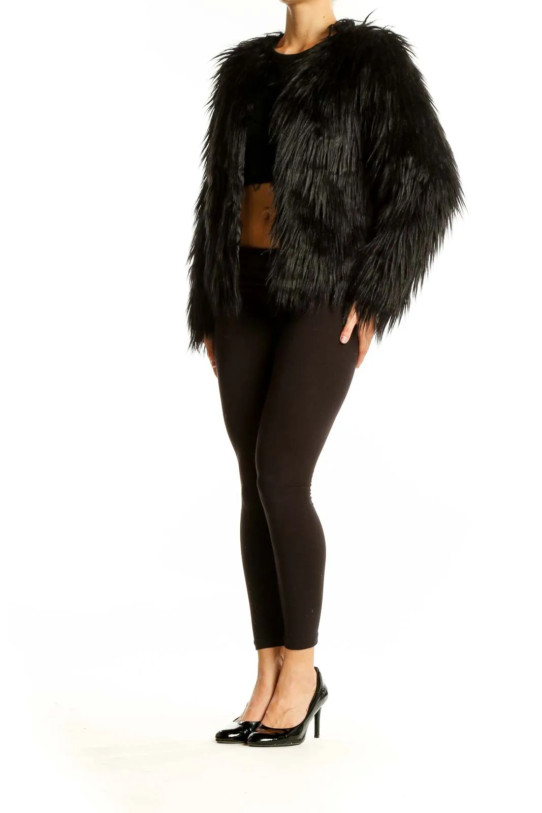 Black Shaggy Faux Fur Cropped Jacket