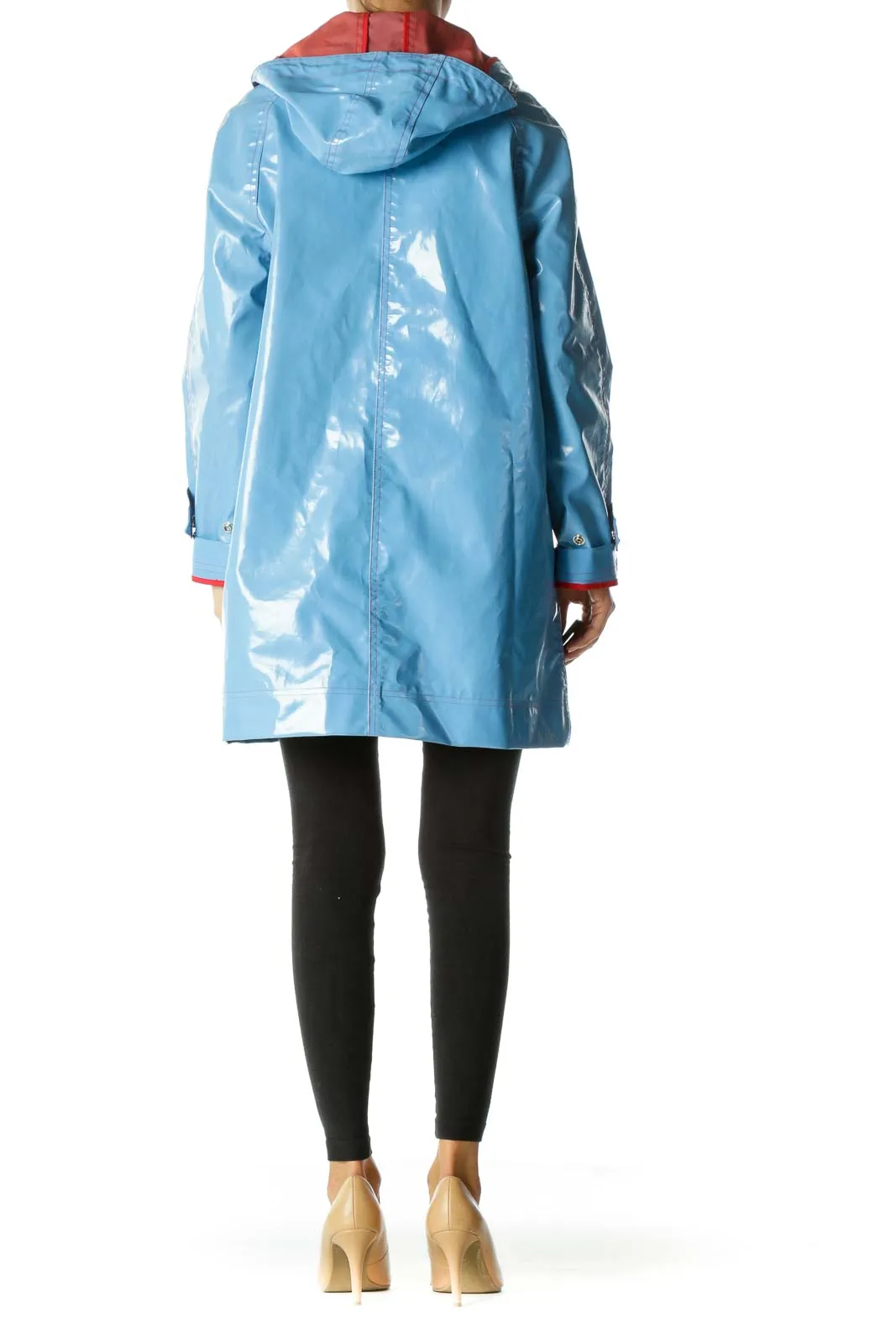Blue Orange-Red Multi-Zippers Hooded Drawstring Weighted Rain Coat