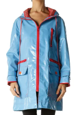 Blue Orange-Red Multi-Zippers Hooded Drawstring Weighted Rain Coat