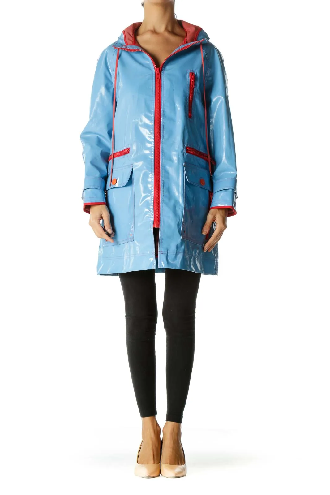 Blue Orange-Red Multi-Zippers Hooded Drawstring Weighted Rain Coat