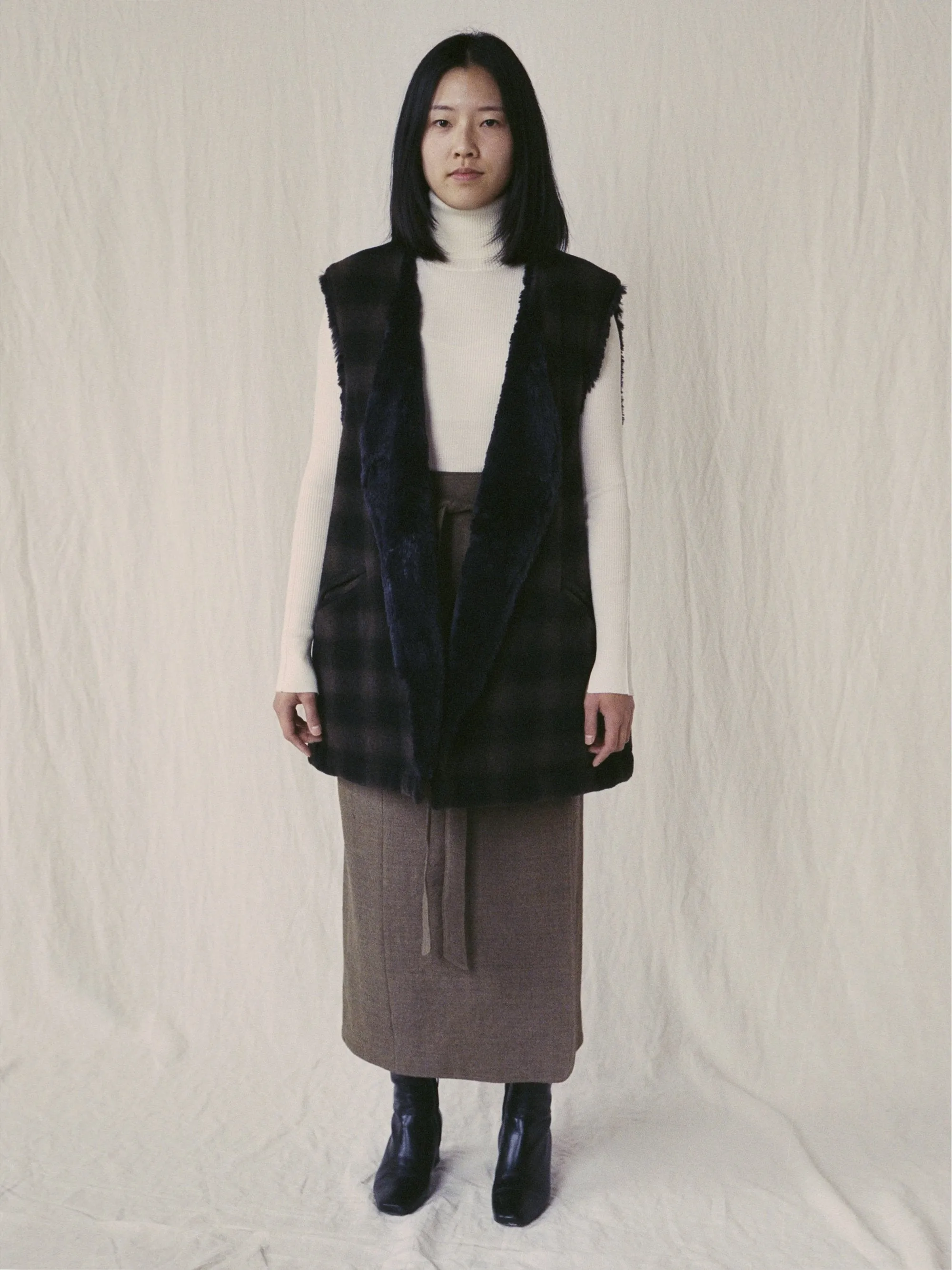 Boa Lined Belted Vest - Ombre Plaid Wool