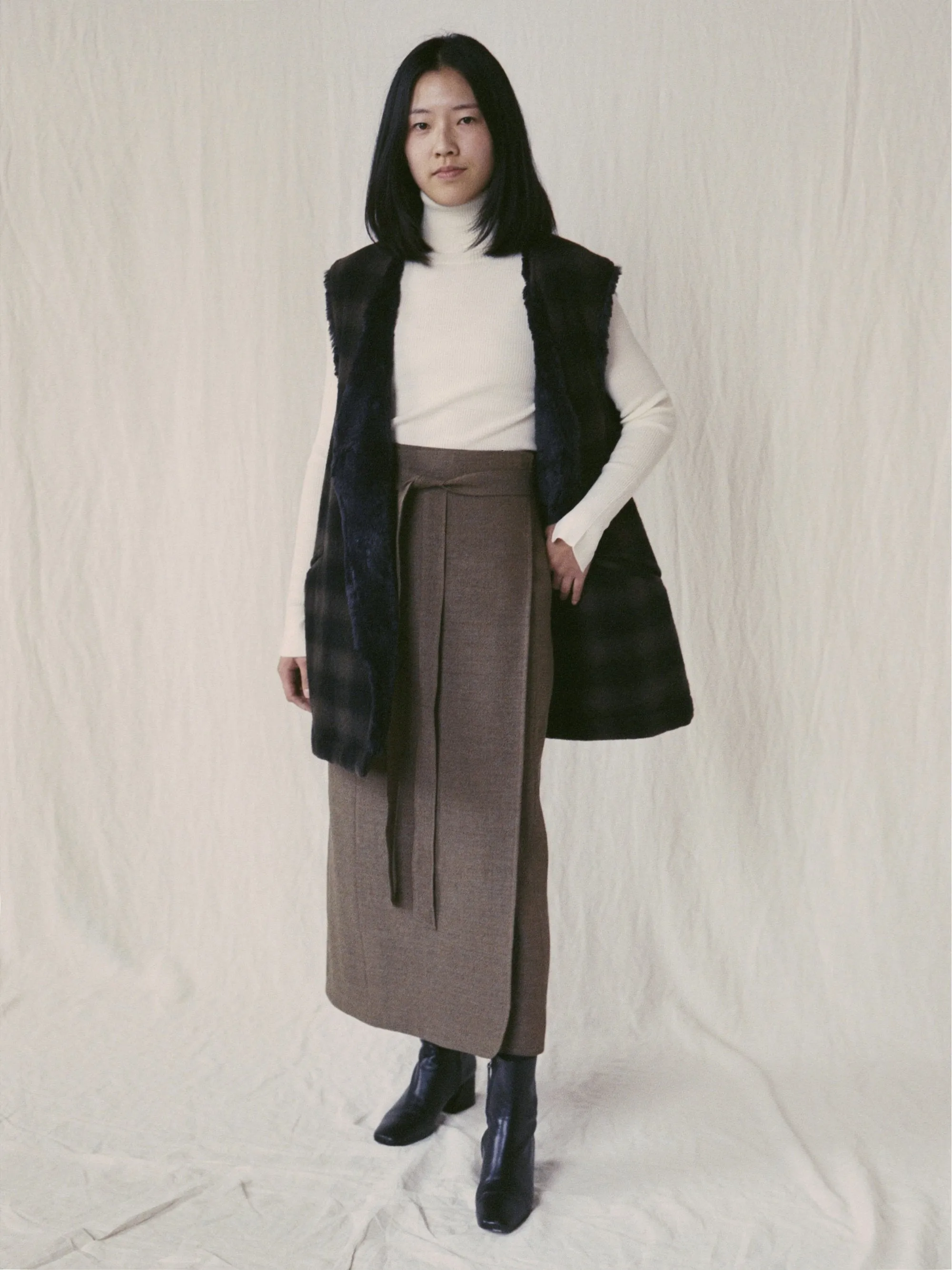 Boa Lined Belted Vest - Ombre Plaid Wool