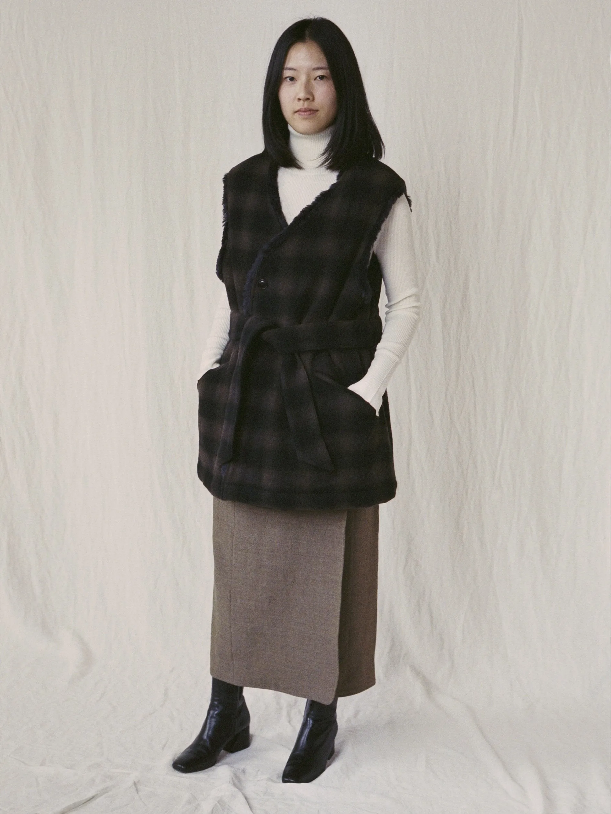 Boa Lined Belted Vest - Ombre Plaid Wool