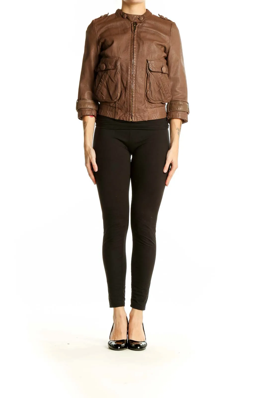 Brown Leather Cropped Moto Jacket