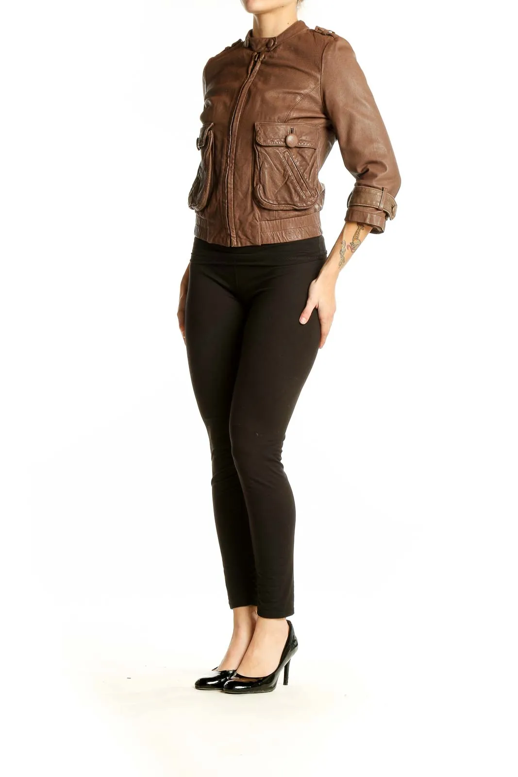 Brown Leather Cropped Moto Jacket