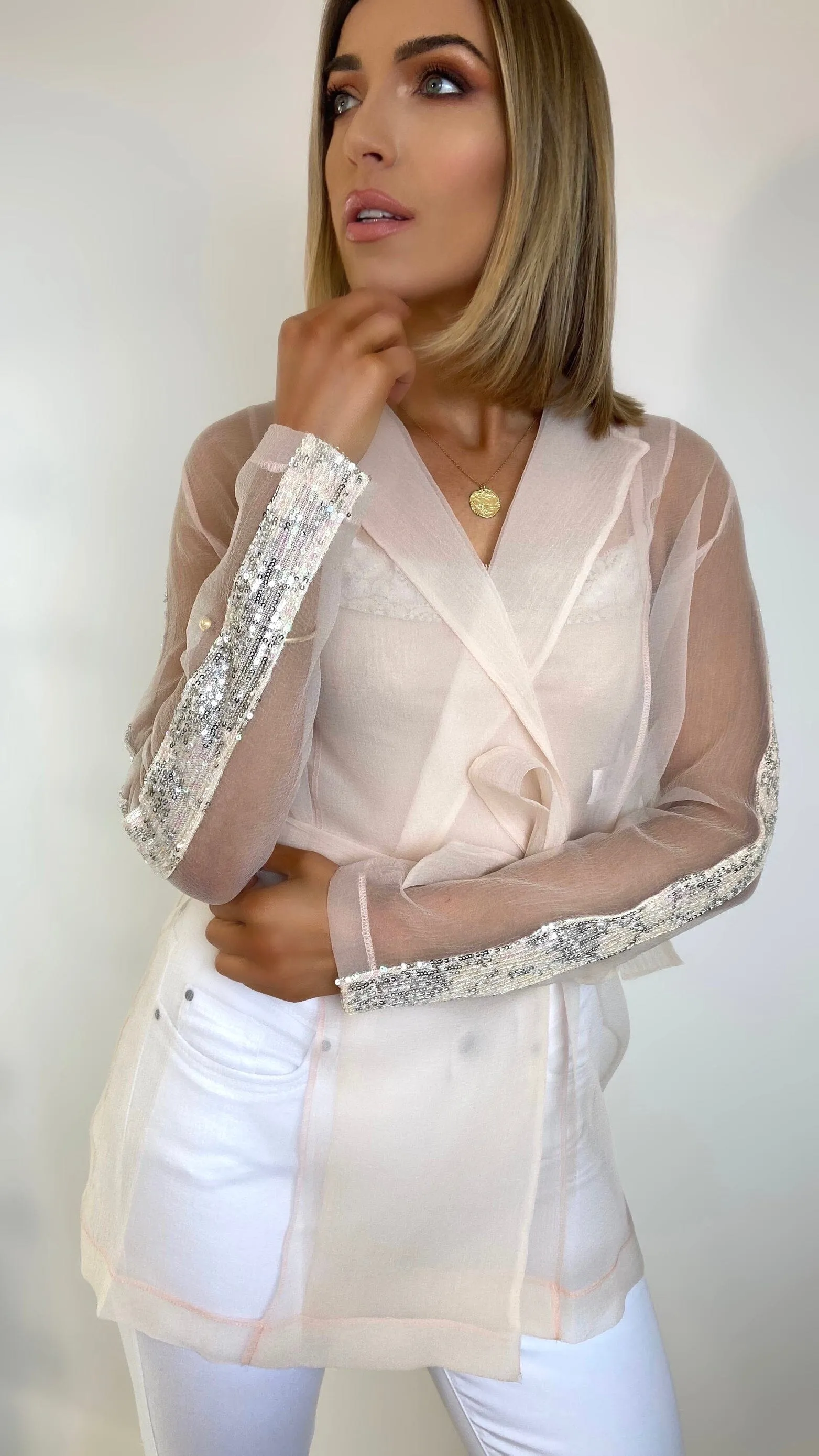 CARRIE VOILÉ SHEER JACKET - BLUSH