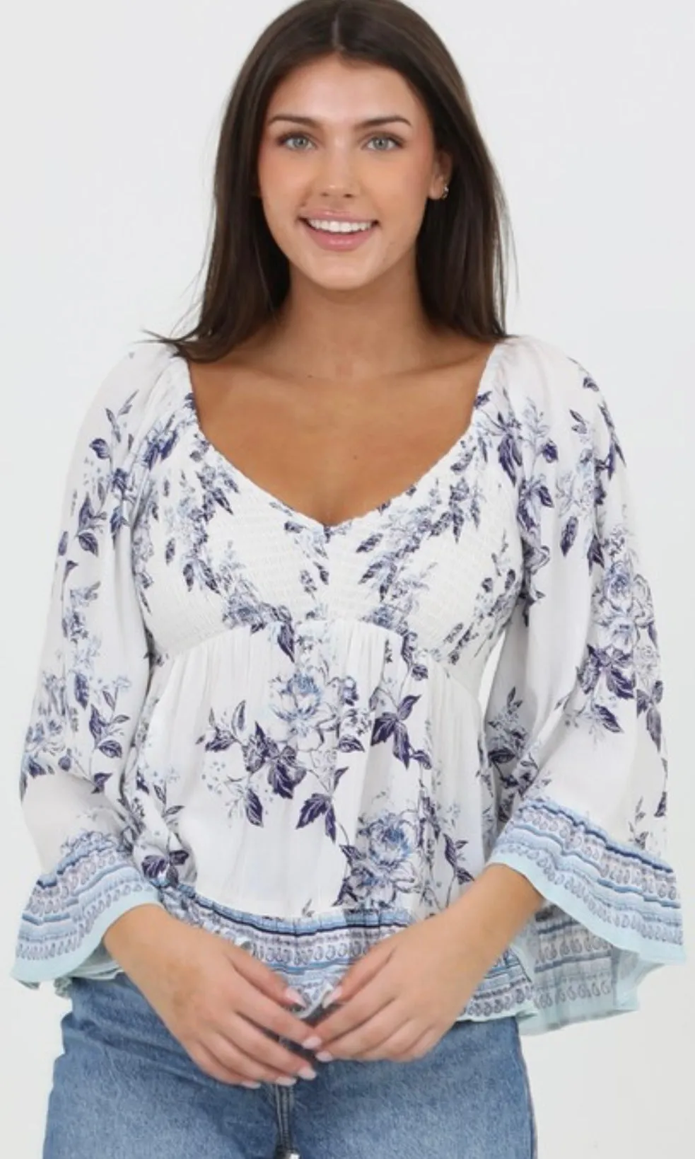 Christine White and Blue Flare Sleeve Top With Smocked Bodice