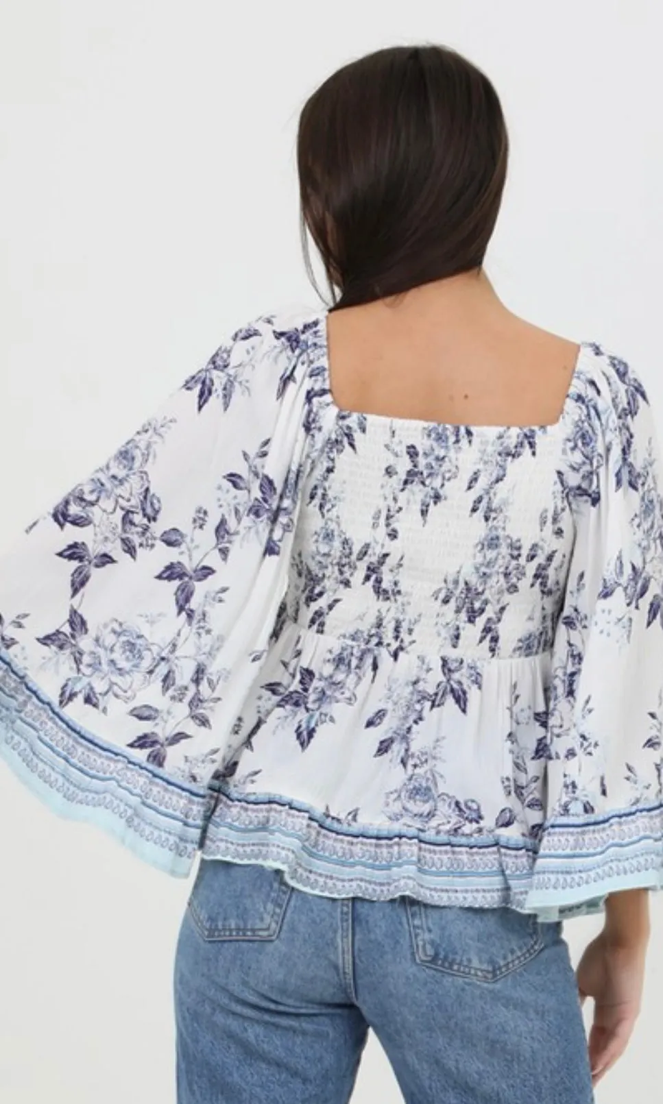 Christine White and Blue Flare Sleeve Top With Smocked Bodice