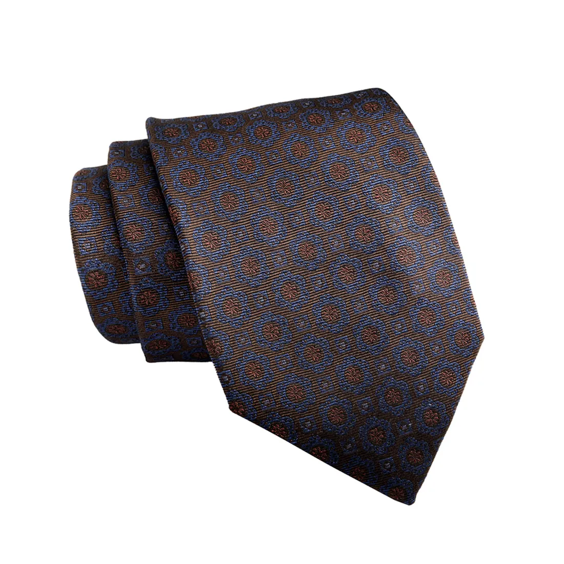 Clarendon Foulard Silk Tie, Brown / Bluish Grey / Orange