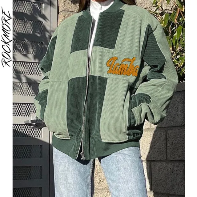 Corduroy Patchwork Baseball Jackets Women Bomber Jacket Y2K Autumn Casual Oversize Unisex Coats Harajuku Overcoats