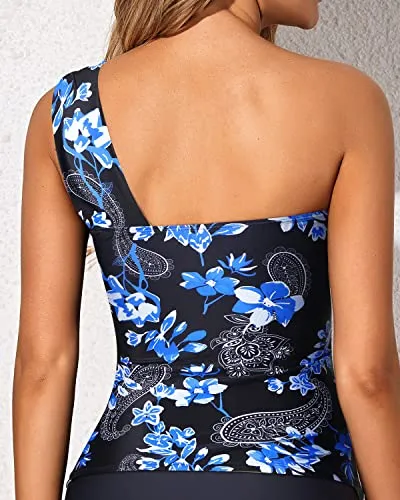 Feminine Ruched One Shoulder Swim Top Tummy Control Swim Tops-Blue Paisley