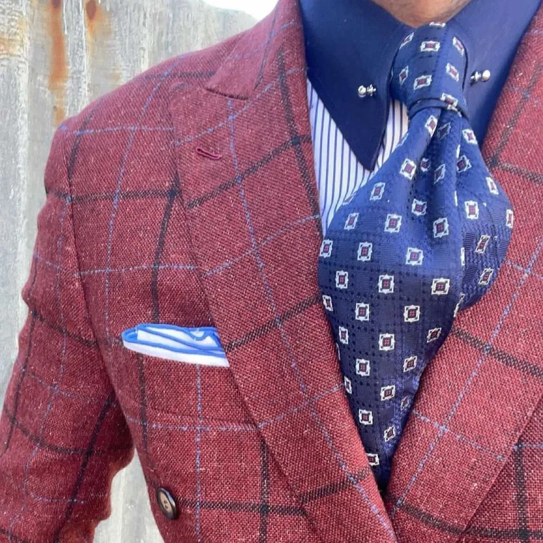 Florence Foulard Silk Tie, Navy / Red / Silver