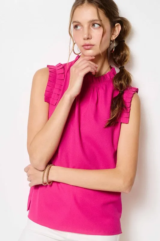 Fuchsia Ruffled Neck Sleeveless Top