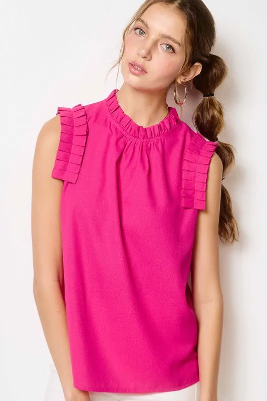 Fuchsia Ruffled Neck Sleeveless Top