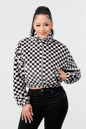 FUR CHECKER ZIPUP CROPPED BOMBER JACKETS