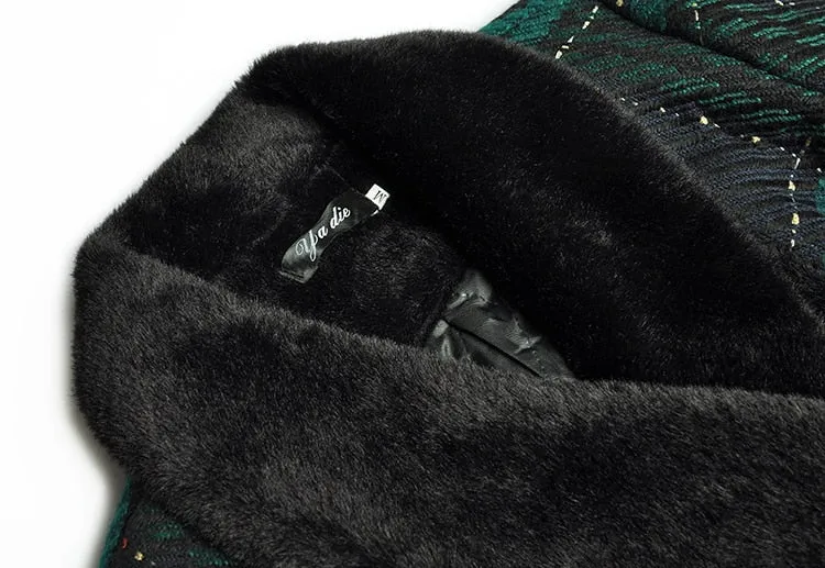 Fur collar Long sleeve lace-up Plaid  Windbreaker