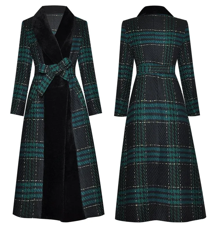 Fur collar Long sleeve lace-up Plaid  Windbreaker