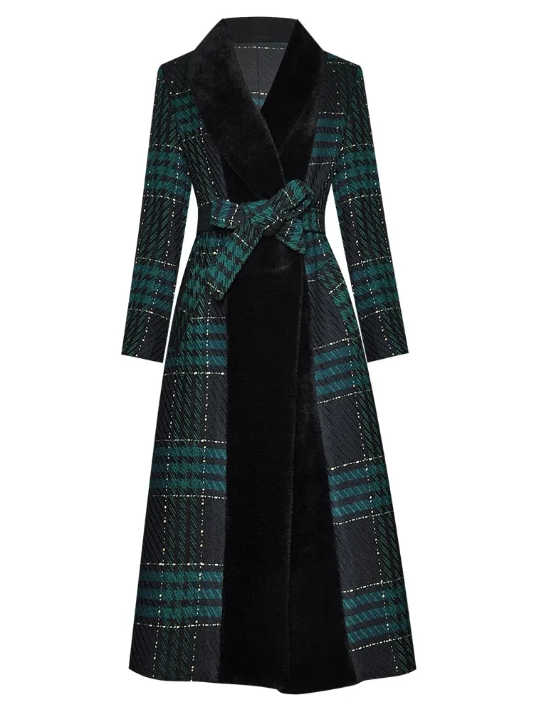 Fur collar Long sleeve lace-up Plaid  Windbreaker