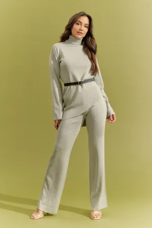 Grey Knit Asymmetrical Top And Pants Set