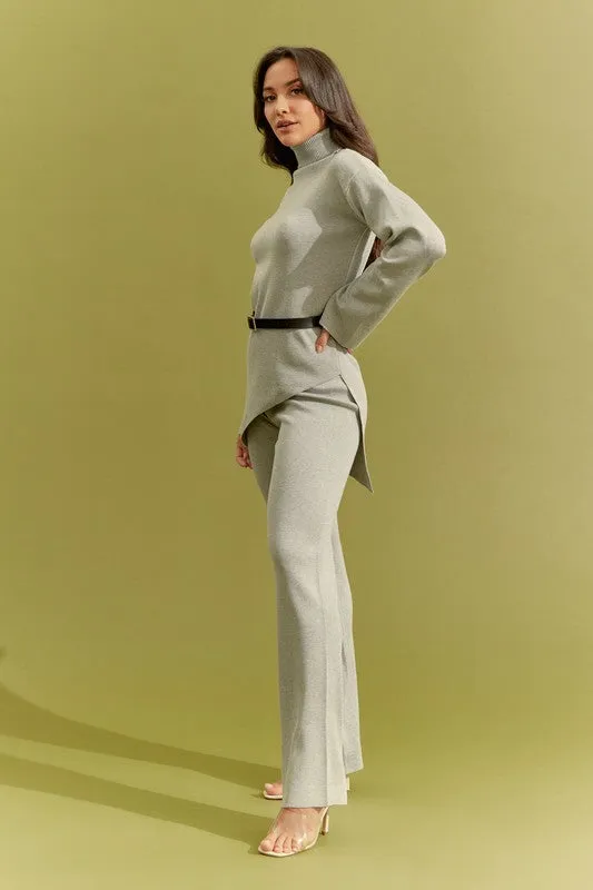 Grey Knit Asymmetrical Top And Pants Set
