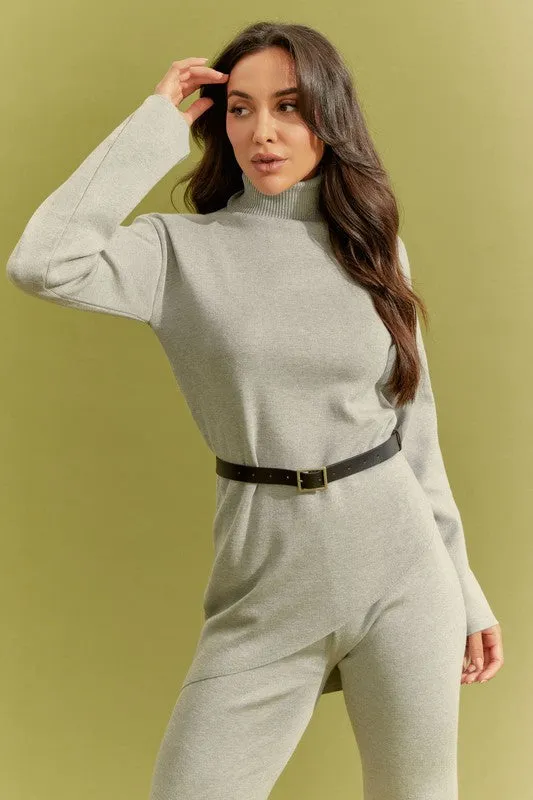 Grey Knit Asymmetrical Top And Pants Set