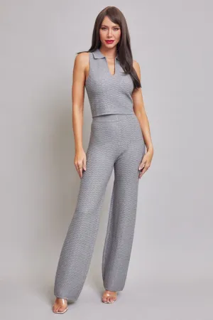 Grey Knit Sleeveless Collar Top And Pants Set