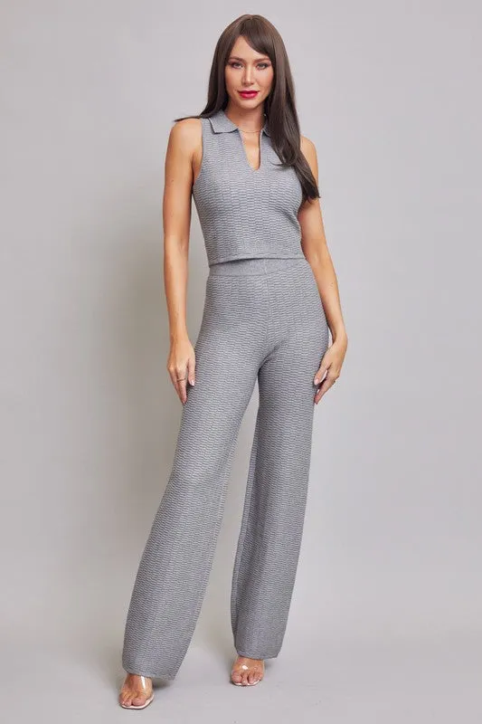 Grey Knit Sleeveless Collar Top And Pants Set