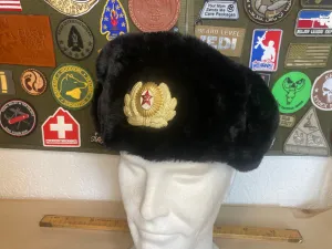 Headgear, Russian Ushanka, Black Winter Cap with metal pin, size 57