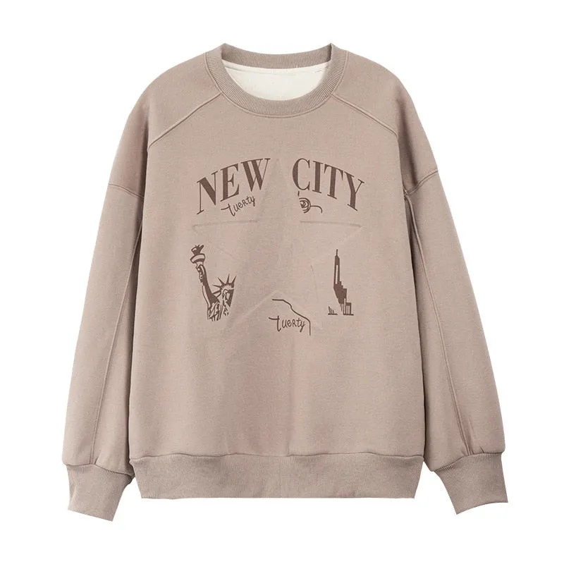 [Korean Style] 3 Color Graphic Dropped Shoulder Fleeced Pullover Sweatshirt