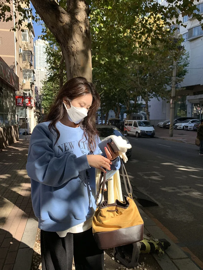 [Korean Style] 3 Color Graphic Dropped Shoulder Fleeced Pullover Sweatshirt
