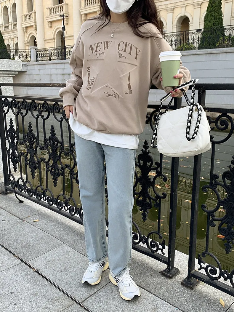 [Korean Style] 3 Color Graphic Dropped Shoulder Fleeced Pullover Sweatshirt