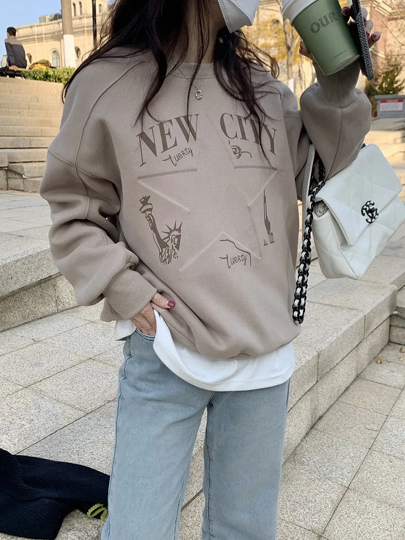 [Korean Style] 3 Color Graphic Dropped Shoulder Fleeced Pullover Sweatshirt