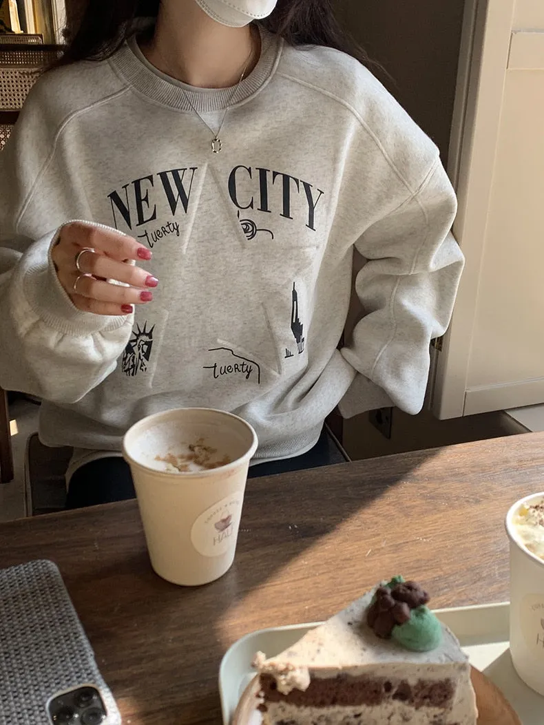 [Korean Style] 3 Color Graphic Dropped Shoulder Fleeced Pullover Sweatshirt