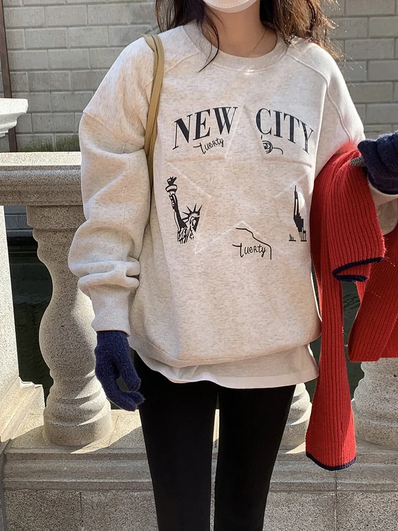 [Korean Style] 3 Color Graphic Dropped Shoulder Fleeced Pullover Sweatshirt