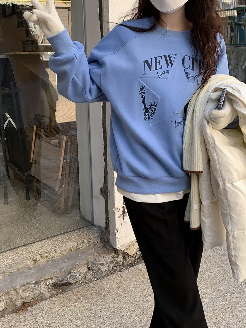 [Korean Style] 3 Color Graphic Dropped Shoulder Fleeced Pullover Sweatshirt