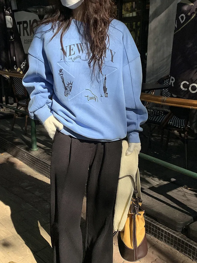 [Korean Style] 3 Color Graphic Dropped Shoulder Fleeced Pullover Sweatshirt
