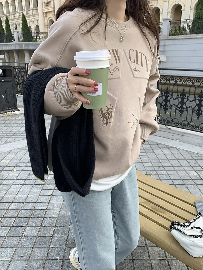 [Korean Style] 3 Color Graphic Dropped Shoulder Fleeced Pullover Sweatshirt