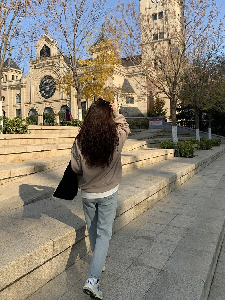 [Korean Style] 3 Color Graphic Dropped Shoulder Fleeced Pullover Sweatshirt
