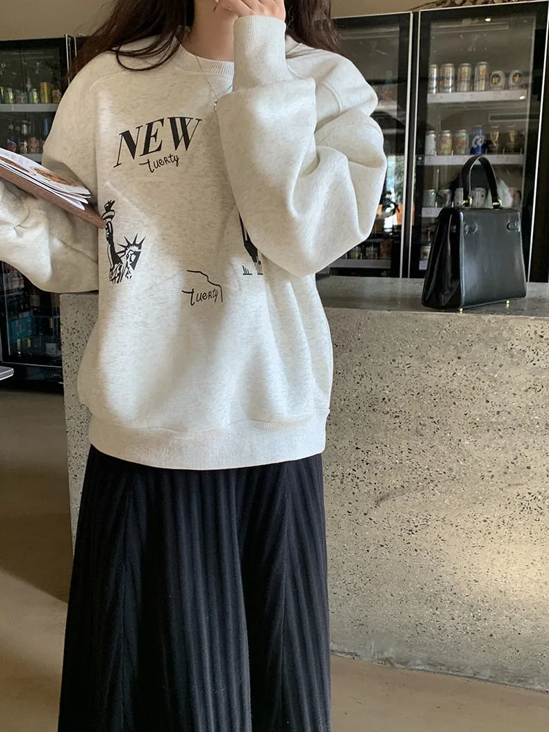 [Korean Style] 3 Color Graphic Dropped Shoulder Fleeced Pullover Sweatshirt