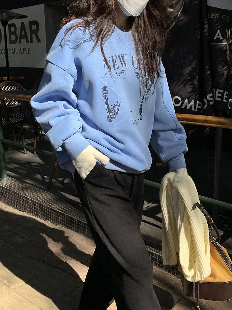 [Korean Style] 3 Color Graphic Dropped Shoulder Fleeced Pullover Sweatshirt