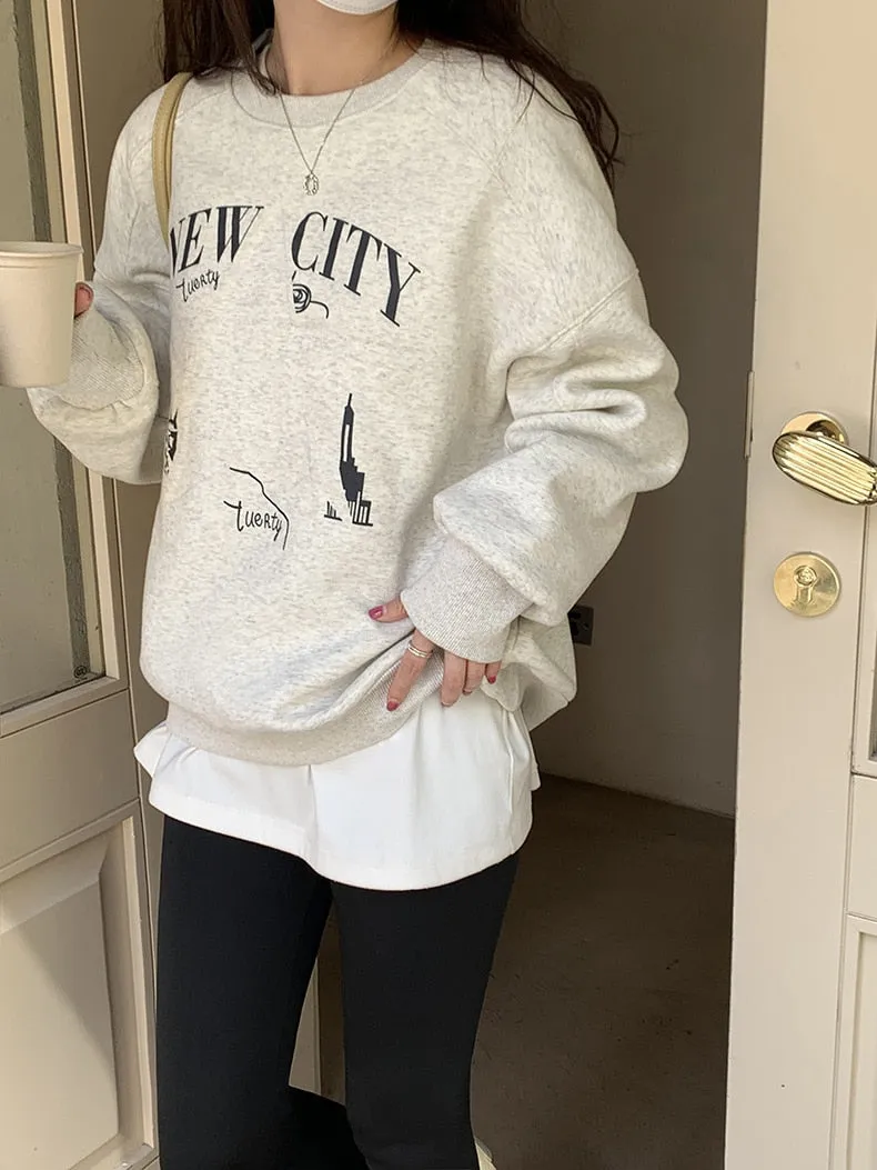 [Korean Style] 3 Color Graphic Dropped Shoulder Fleeced Pullover Sweatshirt