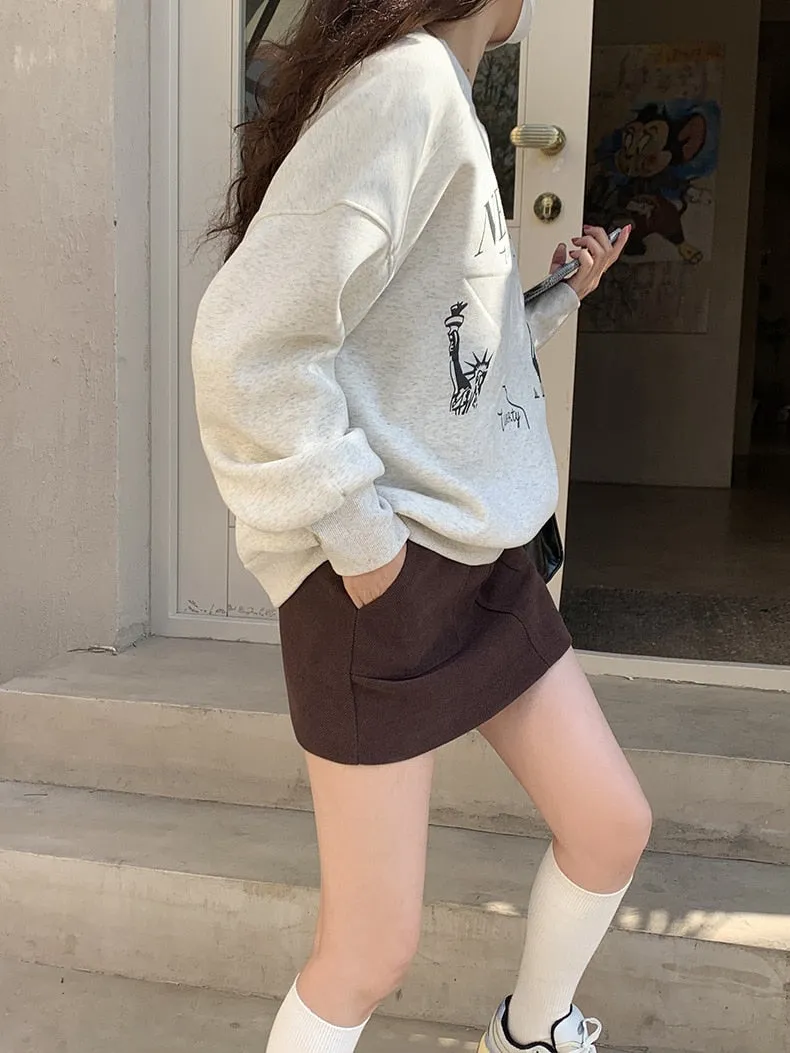 [Korean Style] 3 Color Graphic Dropped Shoulder Fleeced Pullover Sweatshirt