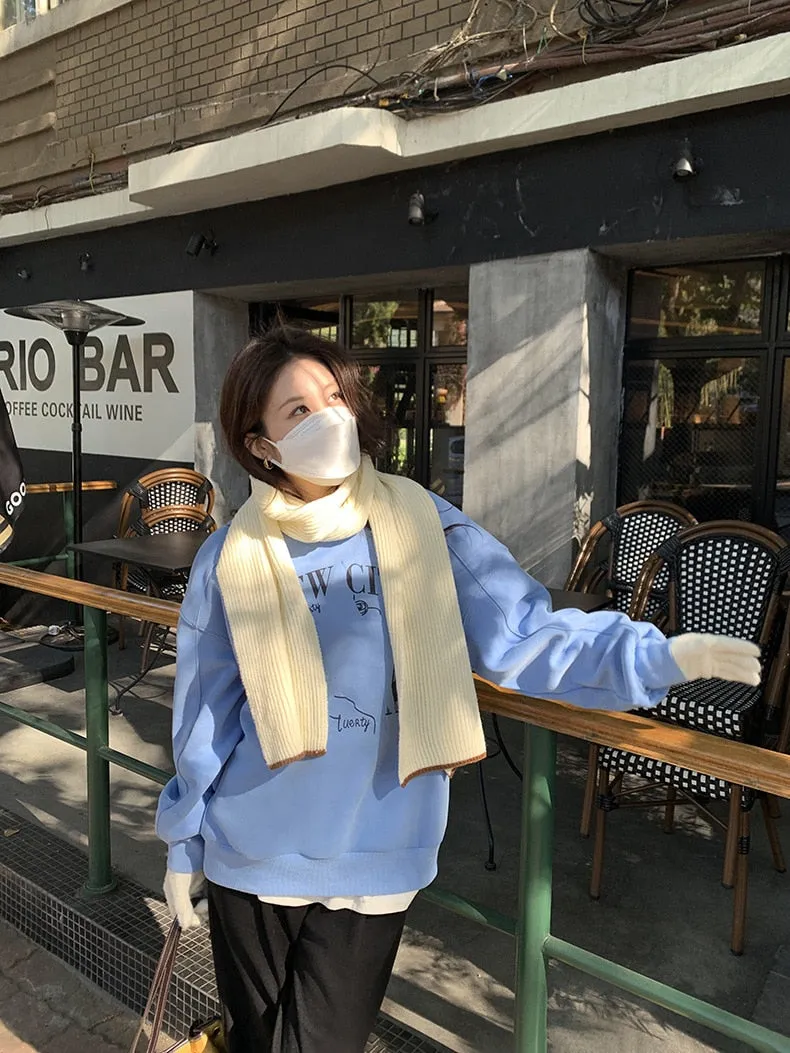 [Korean Style] 3 Color Graphic Dropped Shoulder Fleeced Pullover Sweatshirt
